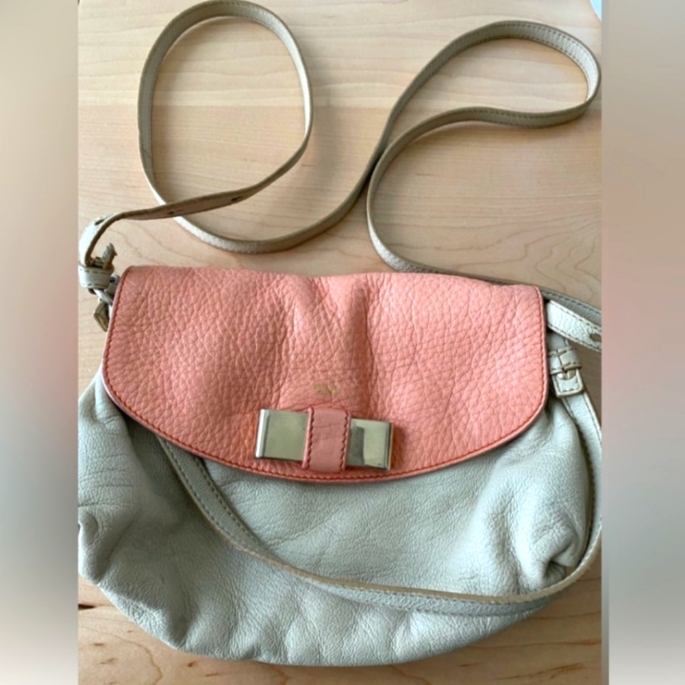 Vintage CHLOE Leather Bow Crossbody Small Shoulder Bag Two-Tone Pebbled Leather